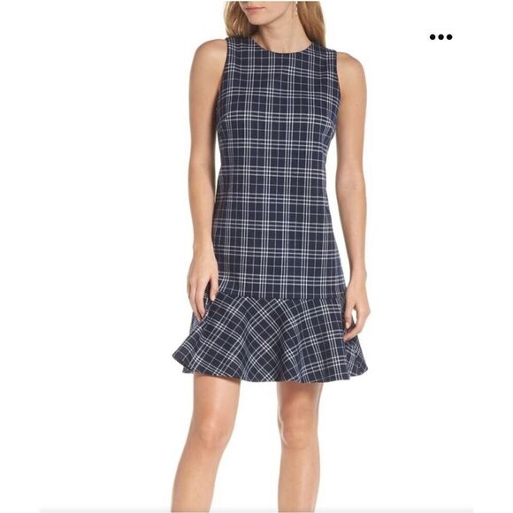 1901 navy & white ruffle hem plaid dress 8 - Picture 1 of 8